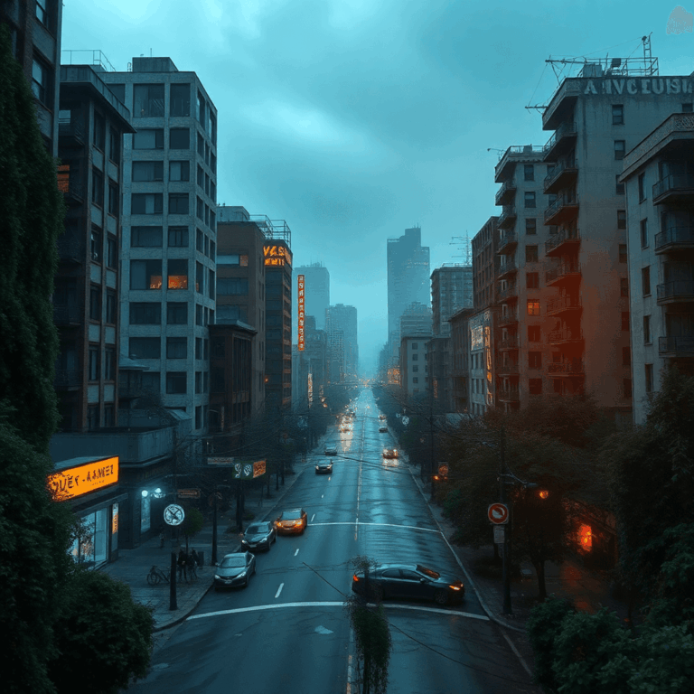 Post-apocalyptic Vancouver cityscape with abandoned buildings, glowing AR elements, and nature overgrowing urban streets, creating a survival adven...