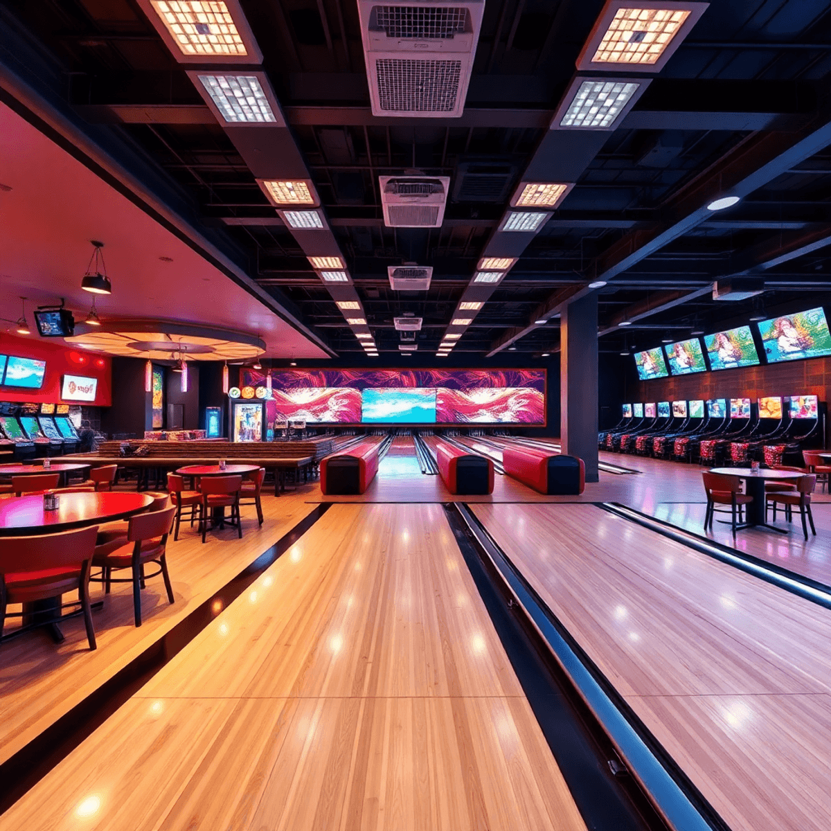 Upscale family entertainment center with stylish bowling lanes, vibrant arcade games, elegant dining, and event spaces in a lively, sophisticated s...