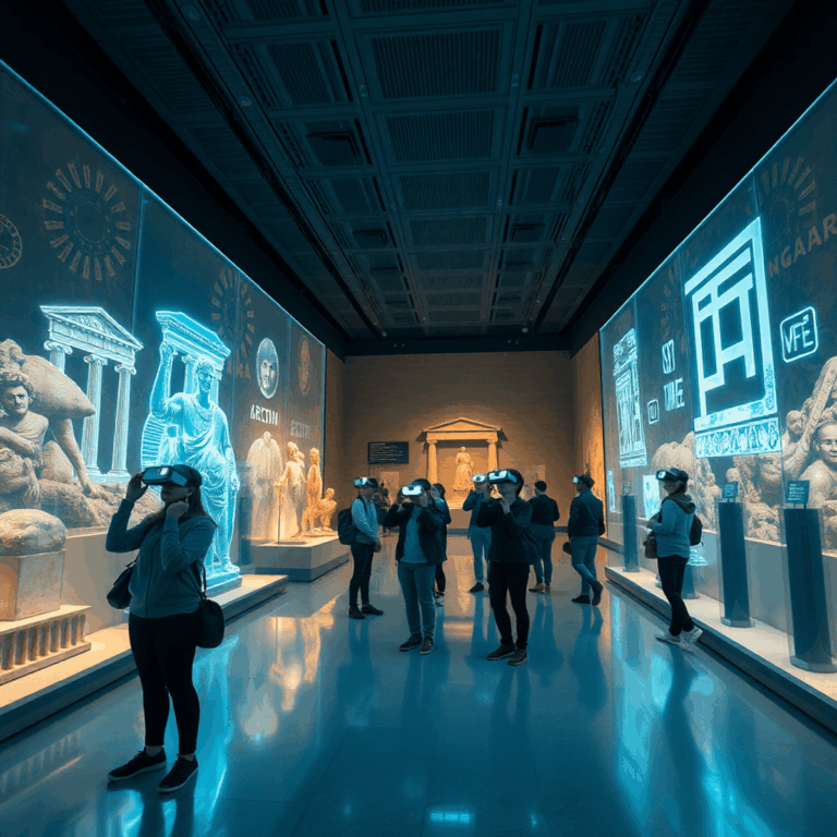 Visitors wearing VR headsets explore a futuristic museum with glowing holograms of ancient artifacts and cultural symbols.