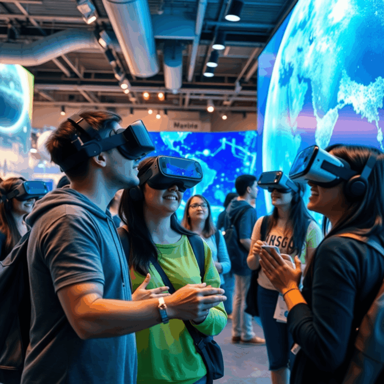 Visitors wearing VR headsets explore immersive digital science and technology exhibits in a vibrant, interactive museum setting.