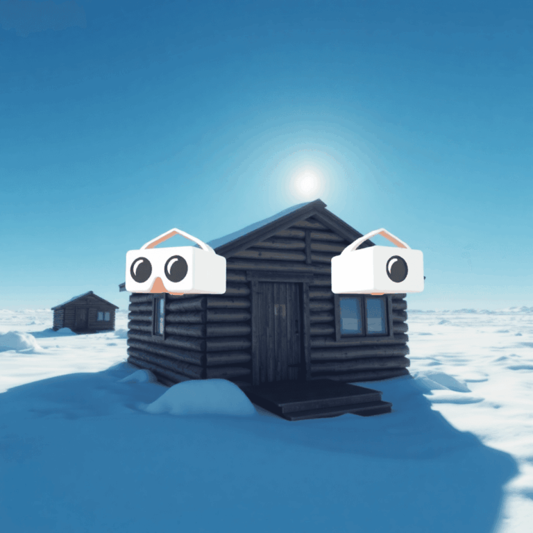 3D realistic scene of Discovery Hut in Antarctica, wooden hut on snow and ice under blue sky, with subtle VR headset icons.