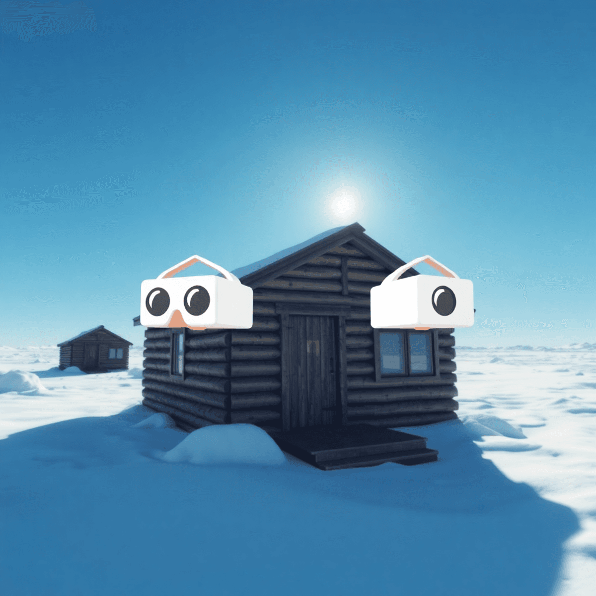 3D realistic scene of Discovery Hut in Antarctica, wooden hut on snow and ice under blue sky, with subtle VR headset icons.