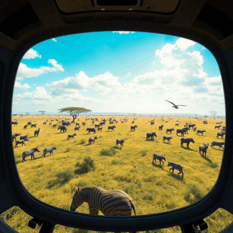 A realistic virtual reality scene of a lush savanna with migrating wildlife, blending technology and nature for conservation and education.