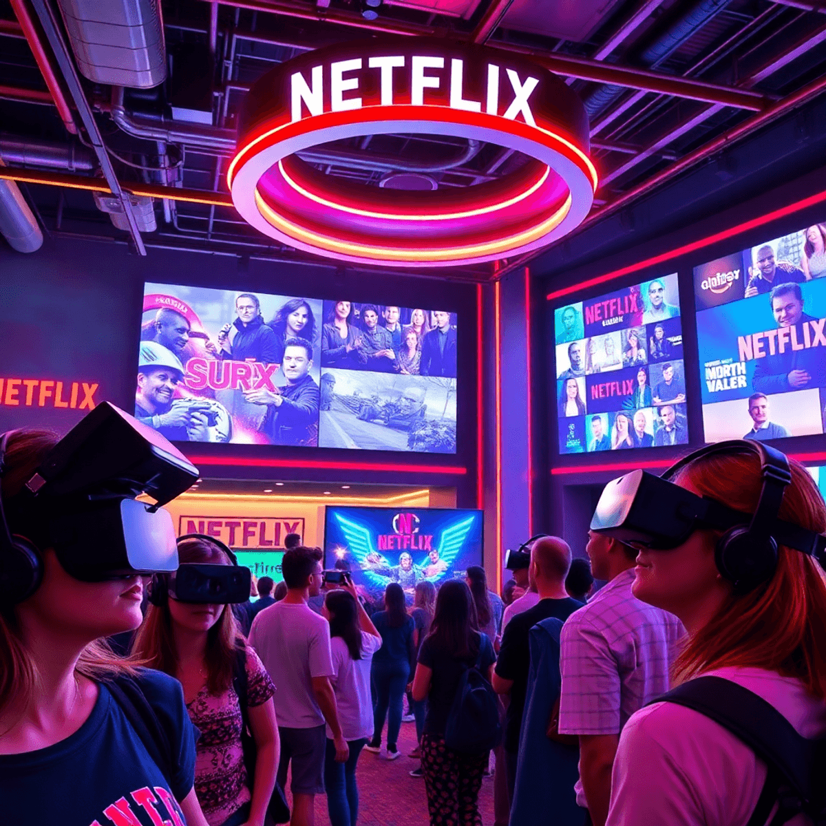 Futuristic entertainment hub with people wearing VR headsets, colorful neon lights, and large screens displaying Netflix show logos.