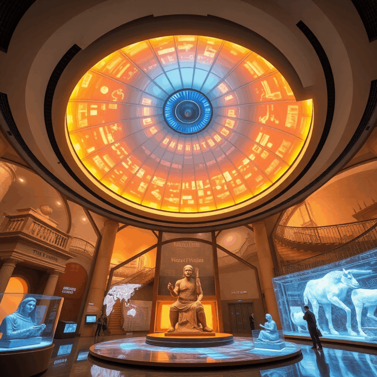 Futuristic museum interior with a glowing dome, holographic artifacts, and immersive virtual reality elements in a realistic style.