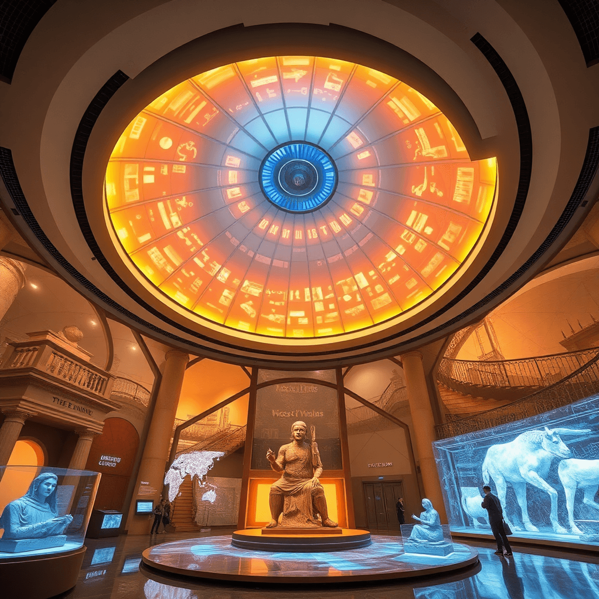 Futuristic museum interior with a glowing dome, holographic artifacts, and immersive virtual reality elements in a realistic style.