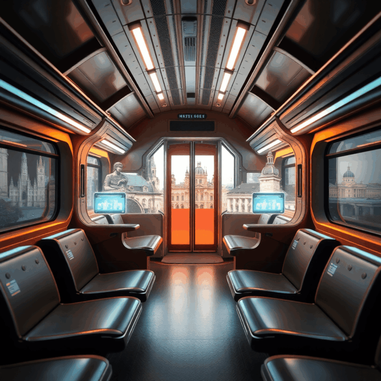 Futuristic train interior with glowing VR interfaces and holographic images of Prague's National Museum, blending historical and modern design elem...
