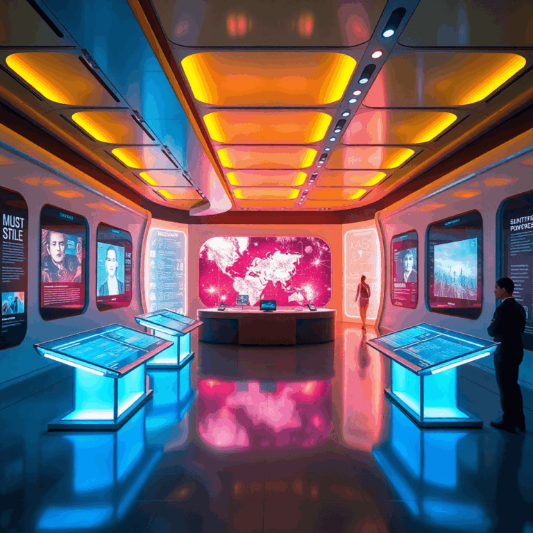 Futuristic virtual museum interior with glowing digital exhibits and holographic panels in a sleek, vibrant, immersive environment.