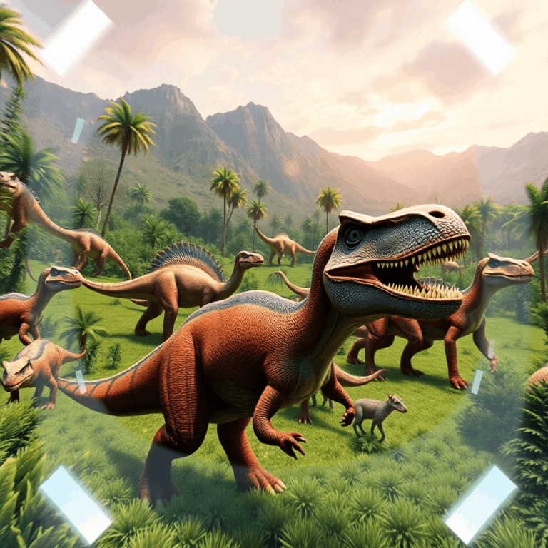 Lifelike dinosaurs roam a lush prehistoric landscape with digital VR elements highlighting advanced technology and educational exploration.