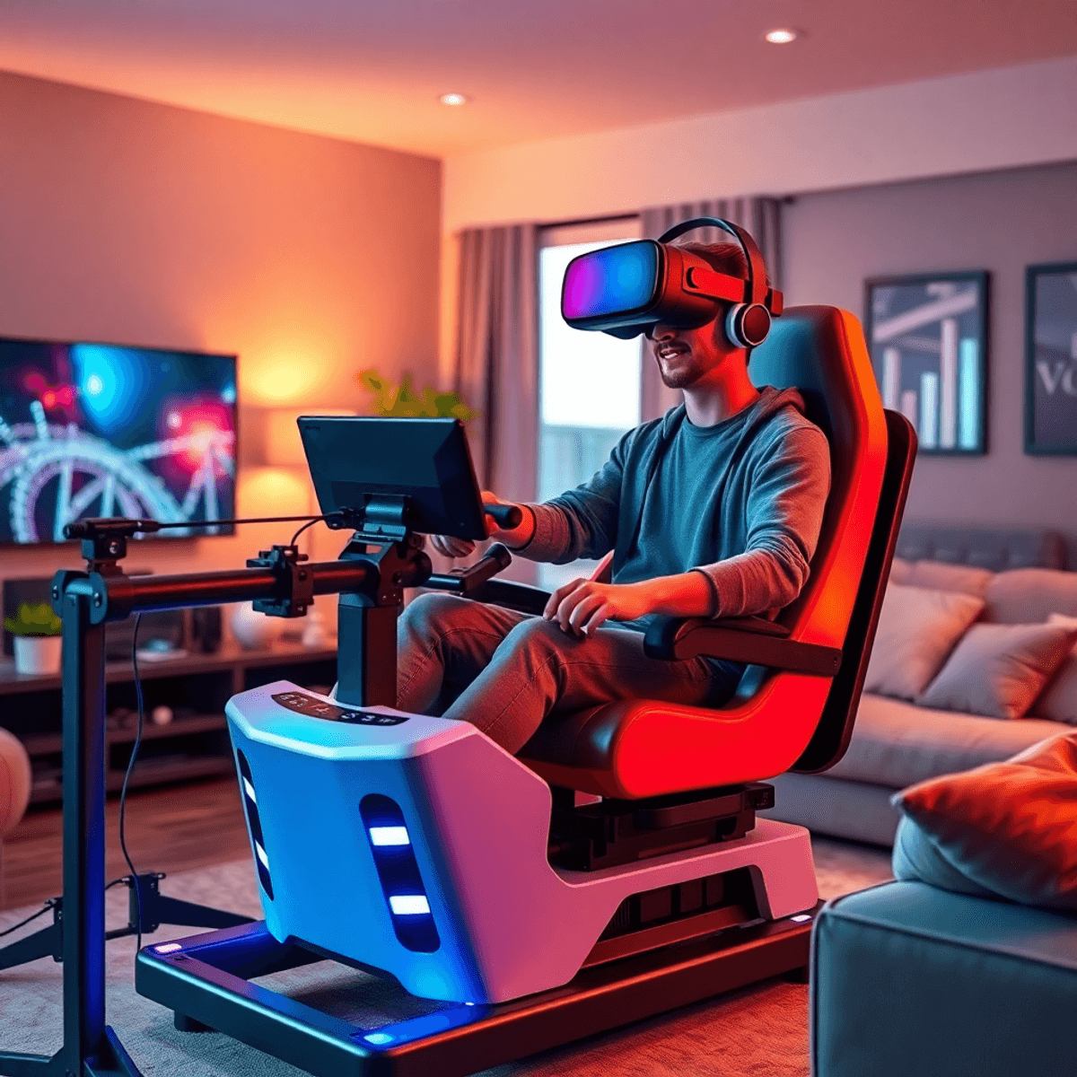 Modern VR roller coaster simulator with headset, motion rig, seat, controls, and haptic gear in a colorful, cozy living room with dynamic lighting.