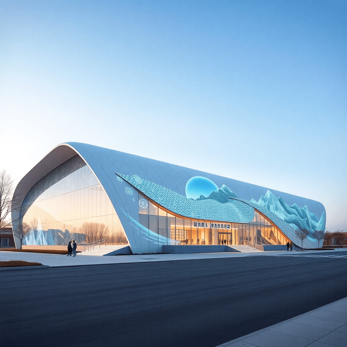 Modern museum in Hohhot with sleek architecture, digital holograms, and interactive displays under a clear sky, blending cultural heritage and inno...