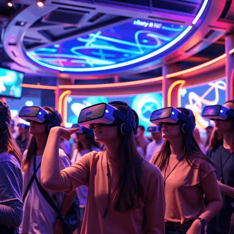 People wearing XR headsets interact with shared virtual content in a vibrant, futuristic entertainment venue blending digital and physical worlds.