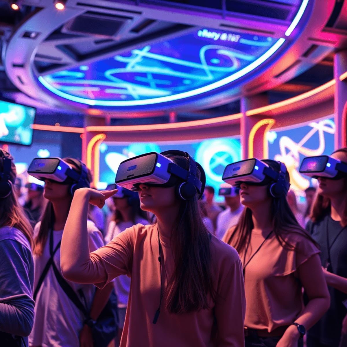 People wearing XR headsets interact with shared virtual content in a vibrant, futuristic entertainment venue blending digital and physical worlds.