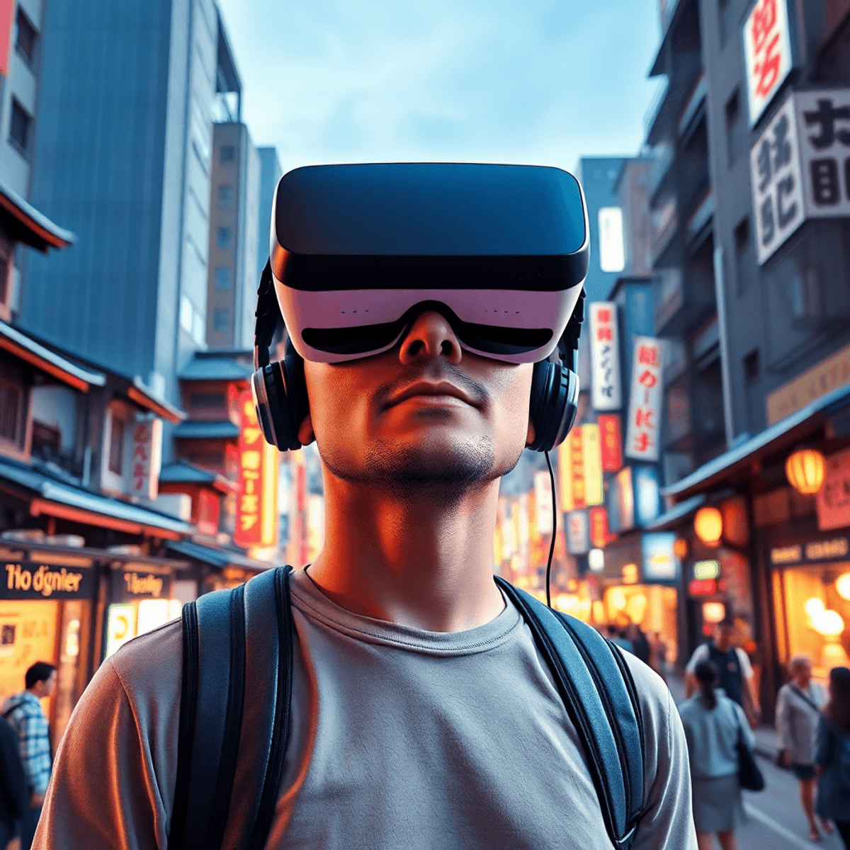 Person wearing VR goggles immersed in a futuristic scene blending historical Osaka cityscapes from Edo period to modern times with traditional arch...