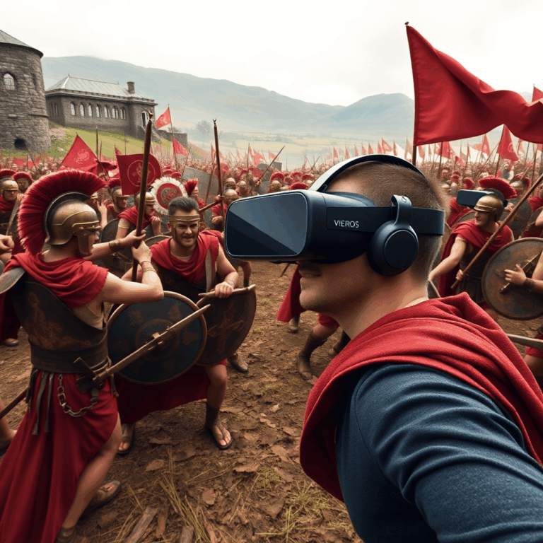 Person wearing VR headset experiencing a realistic virtual battle between Roman soldiers and Caledonian warriors on an ancient Scottish battlefield.