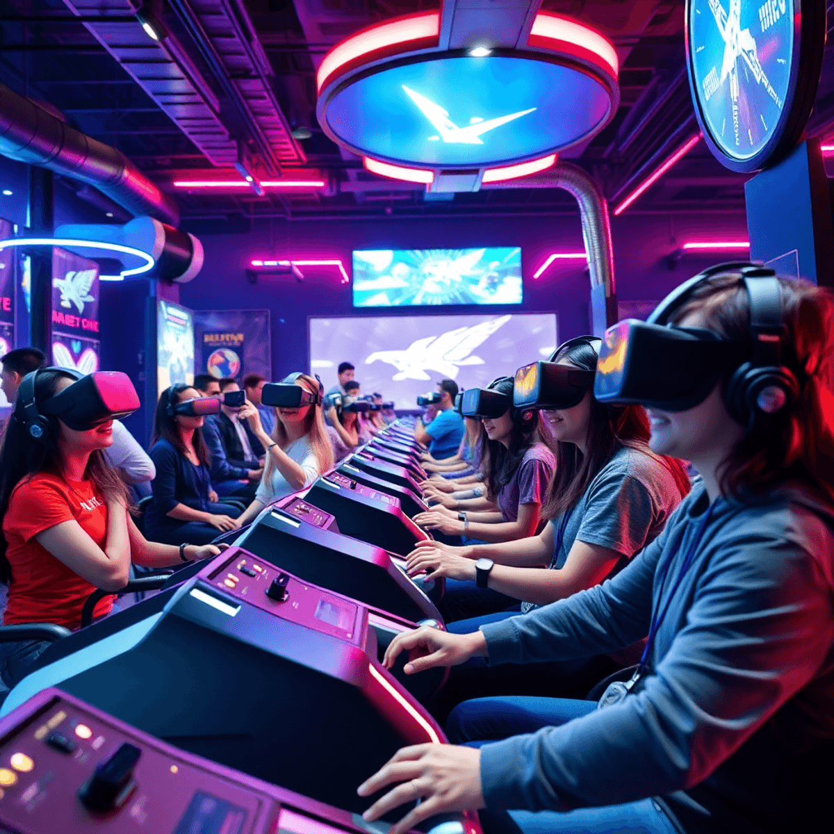 Players enjoying motion-based VR rides and games in a vibrant arcade with futuristic tech and dynamic lighting.