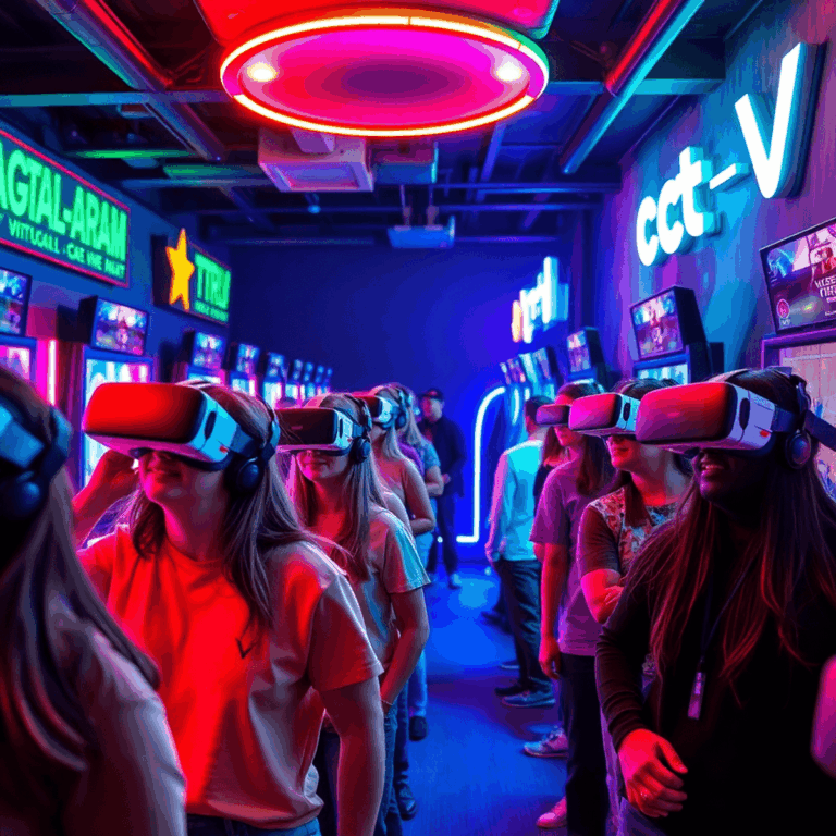 Players wearing VR headsets in a vibrant arcade with colorful neon lights and futuristic gaming setups, capturing an immersive virtual reality expe...