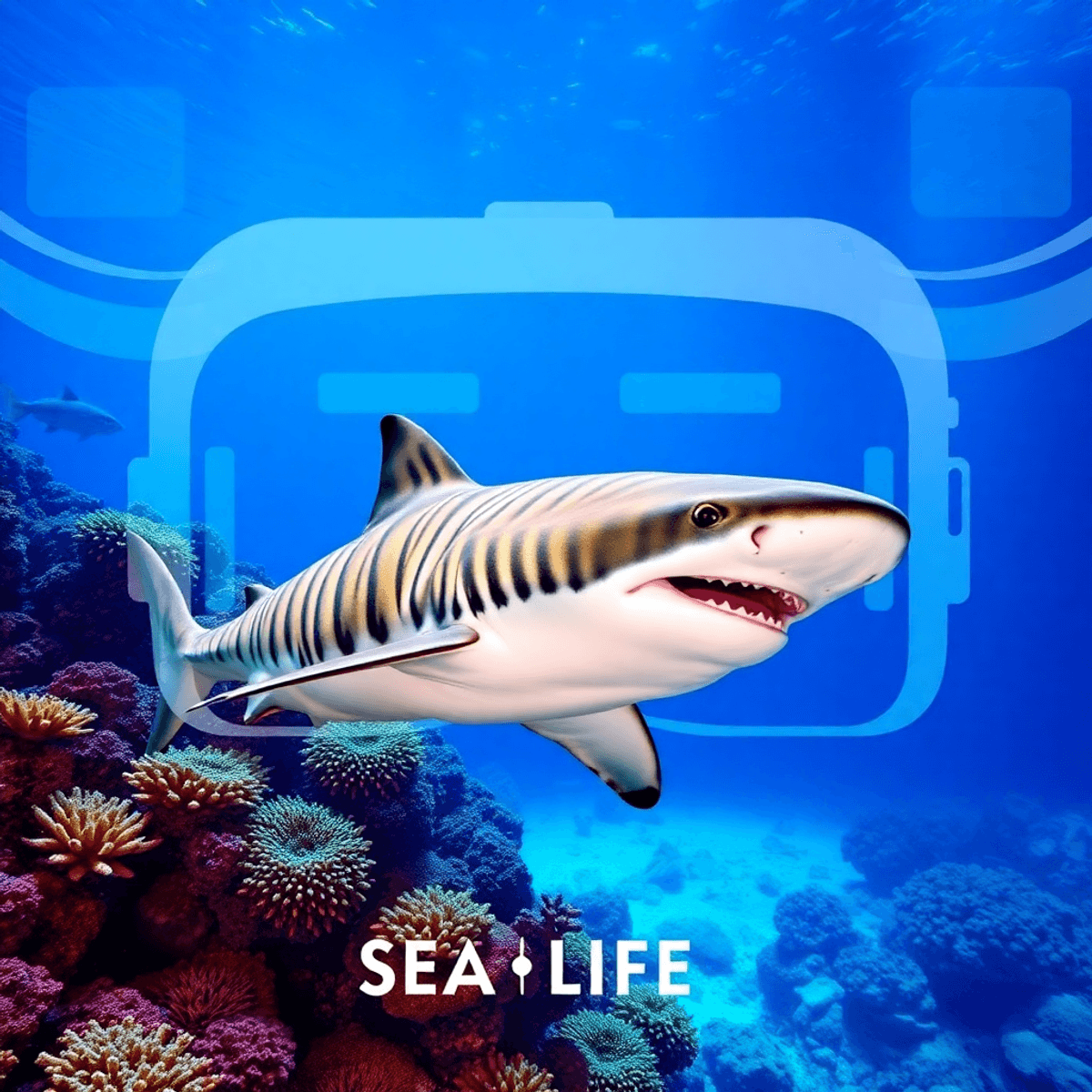 Tiger shark swimming near coral reefs with VR headset silhouette and digital waves overlay, depicting an immersive underwater experience at SEA LIF...