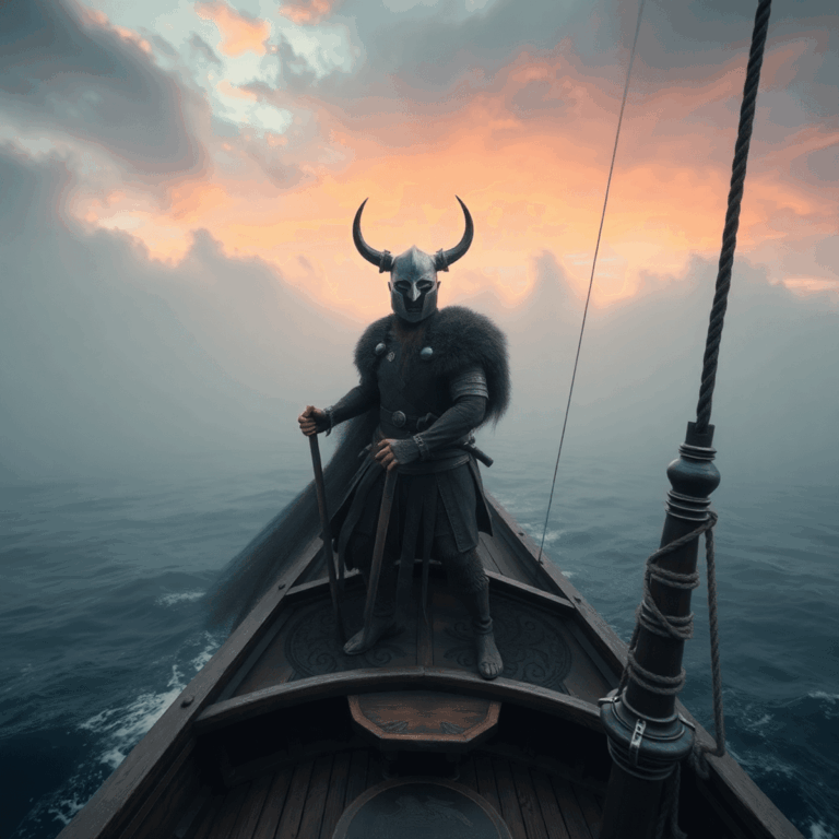 Viking warrior in traditional armor stands on a carved wooden ship sailing misty northern seas under a dramatic sky in a realistic virtual reality ...