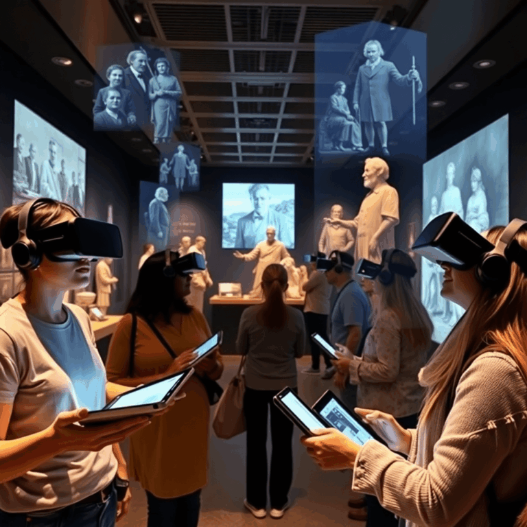 Visitors in a modern museum using VR headsets and AR tablets, surrounded by holographic historical figures and artifacts in a realistic setting.