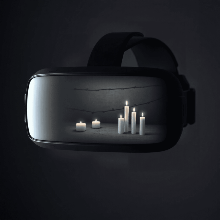 A VR headset showing a somber Holocaust scene with candles and barbed wire, set against a dark background for immersive education and reflection.
