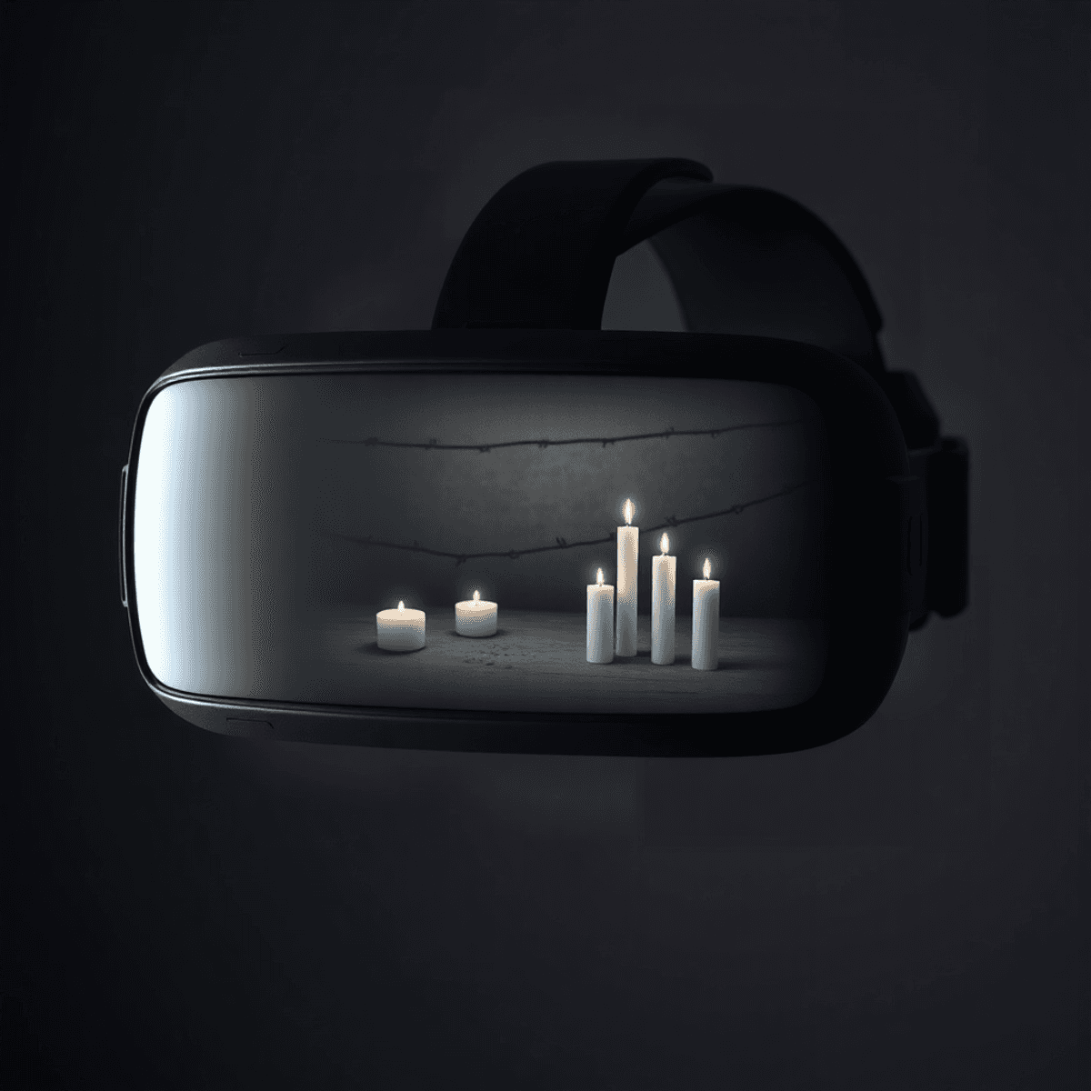 A VR headset showing a somber Holocaust scene with candles and barbed wire, set against a dark background for immersive education and reflection.