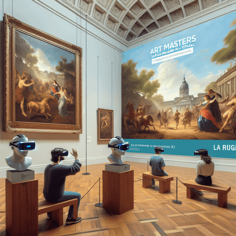 A digital art museum with VR headsets, a visitor wearing a VR headset, a virtual reality representation of a famous painting.