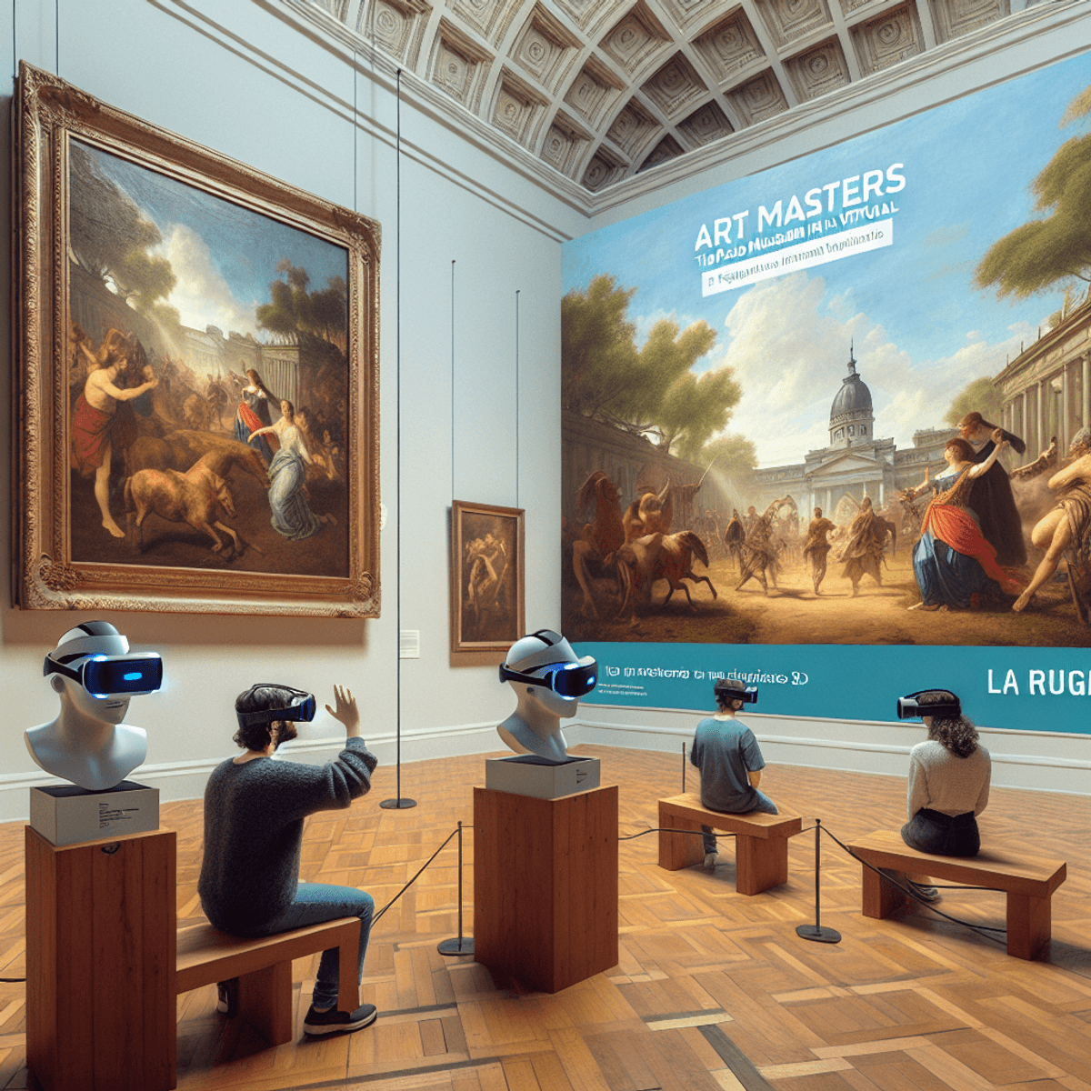 A digital art museum with VR headsets, a visitor wearing a VR headset, a virtual reality representation of a famous painting.