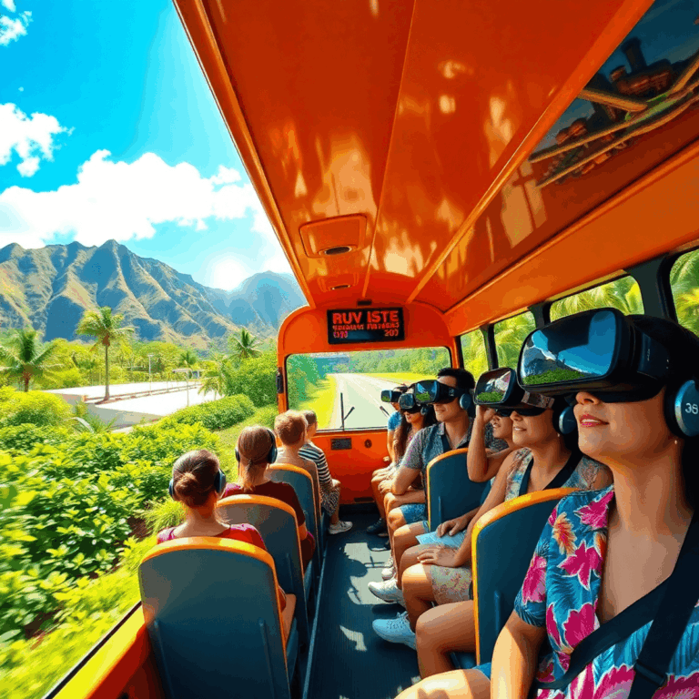 A modern tour bus with passengers wearing VR headsets, driving through lush Hawaiian scenery, surrounded by immersive 360-degree virtual views unde...