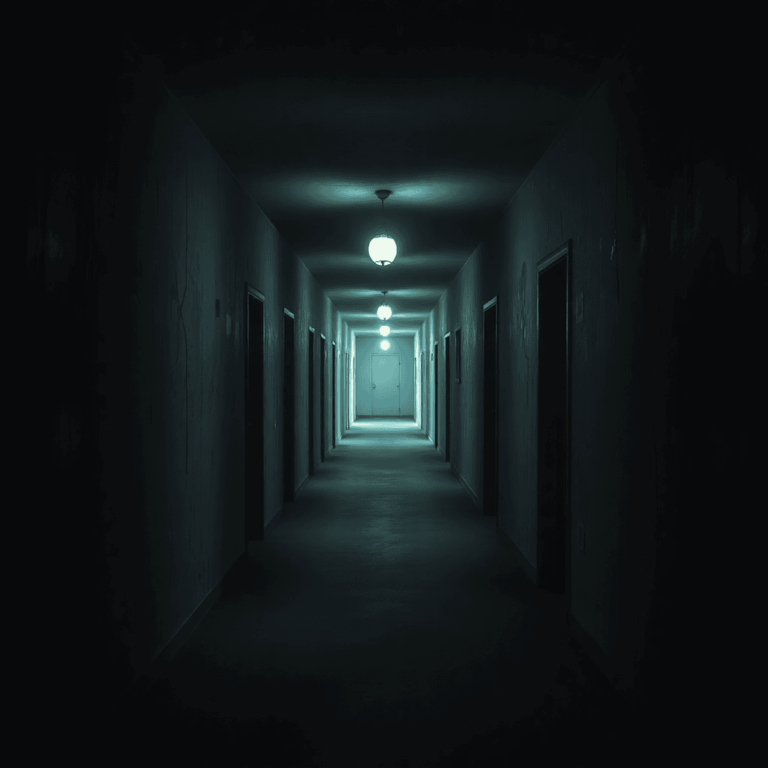 Dimly lit haunted asylum corridor with flickering lights and ghostly shadows, creating a tense and eerie horror atmosphere.
