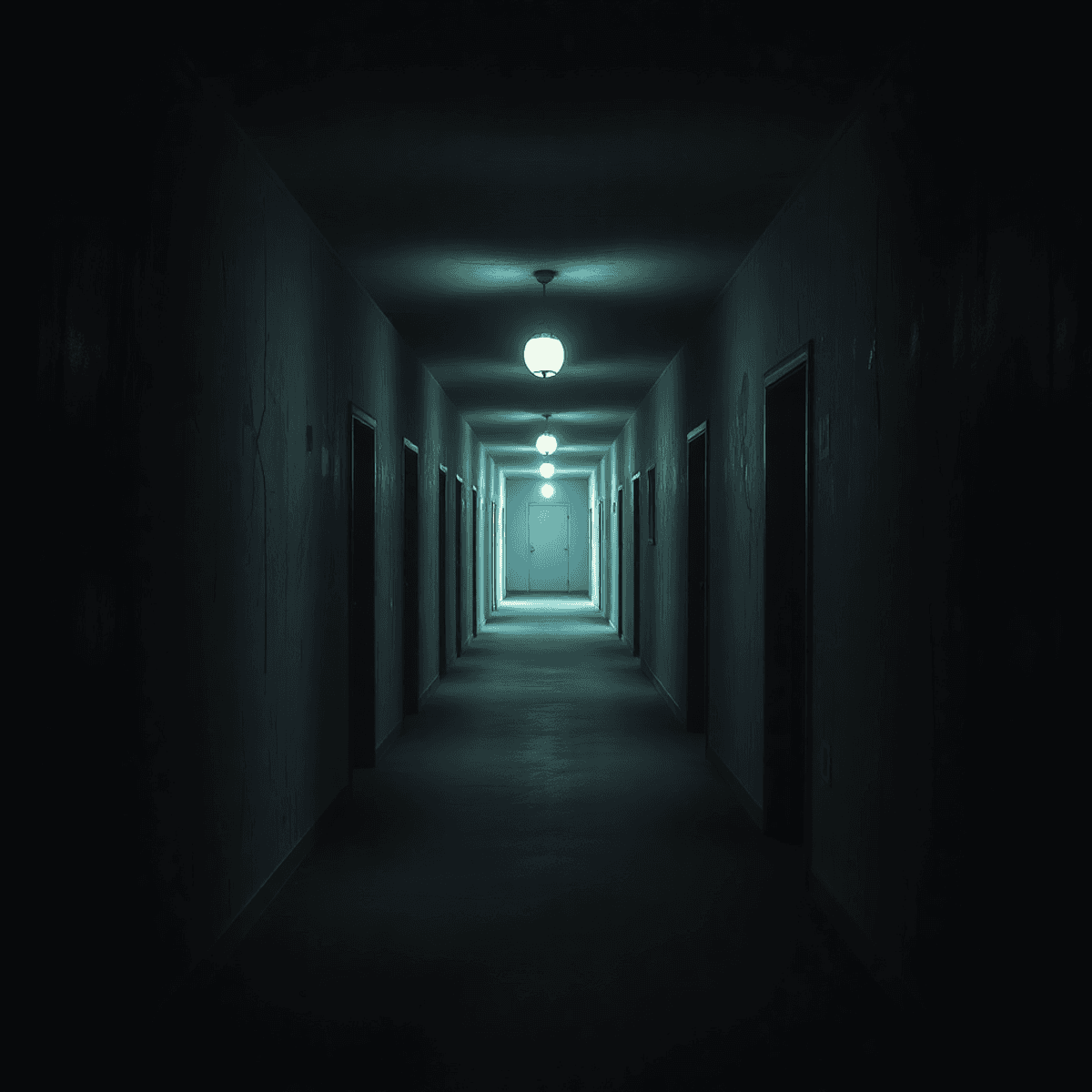 Dimly lit haunted asylum corridor with flickering lights and ghostly shadows, creating a tense and eerie horror atmosphere.