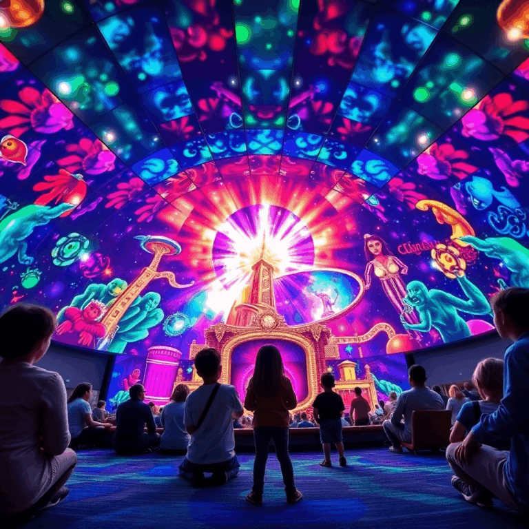 Families enjoying a vibrant, futuristic 87-foot LED dome theater with colorful, immersive visuals inspired by Willy Wonka & The Chocolate Factory.