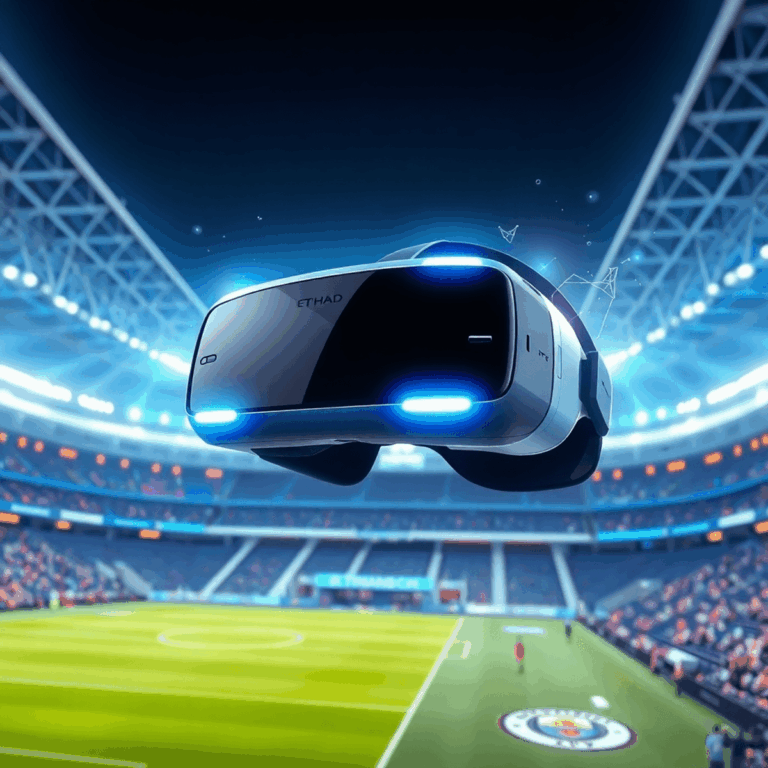 Futuristic Etihad Stadium with glowing digital elements, Manchester City colors, and a floating VR headset symbolizing immersive fan engagement.