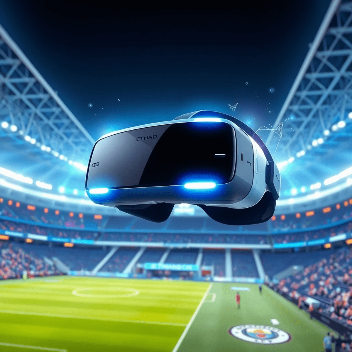 Futuristic Etihad Stadium with glowing digital elements, Manchester City colors, and a floating VR headset symbolizing immersive fan engagement.