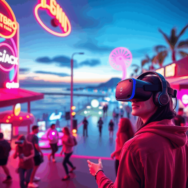 Futuristic VR gaming arena with neon lights and high-tech headsets, set in a lively modern entertainment district by the beach.