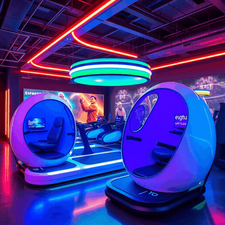 Futuristic arcade with VR egg pods, Omni treadmills, sports simulators, and vibrant neon lighting creating immersive 360-degree virtual reality exp...