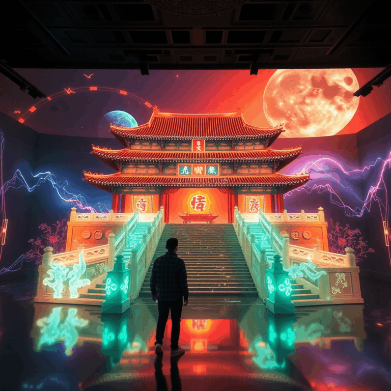 Futuristic digital museum exhibit of Nanjing Great Bao’en Temple with glowing holograms and immersive AR/VR blending ancient architecture and moder...