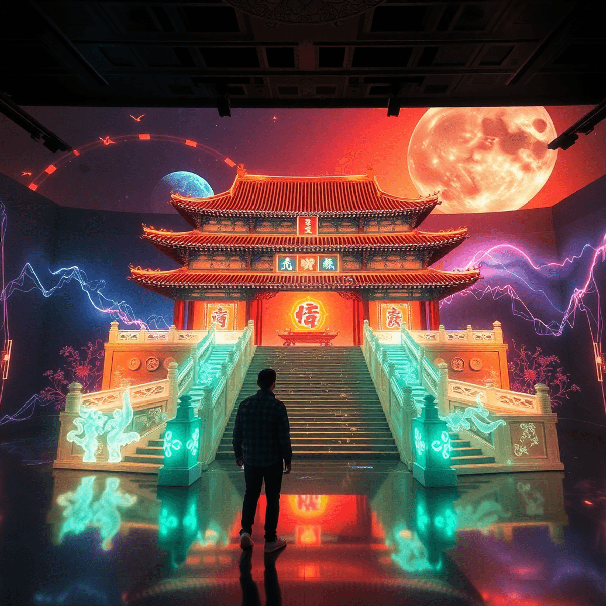 Futuristic digital museum exhibit of Nanjing Great Bao’en Temple with glowing holograms and immersive AR/VR blending ancient architecture and moder...