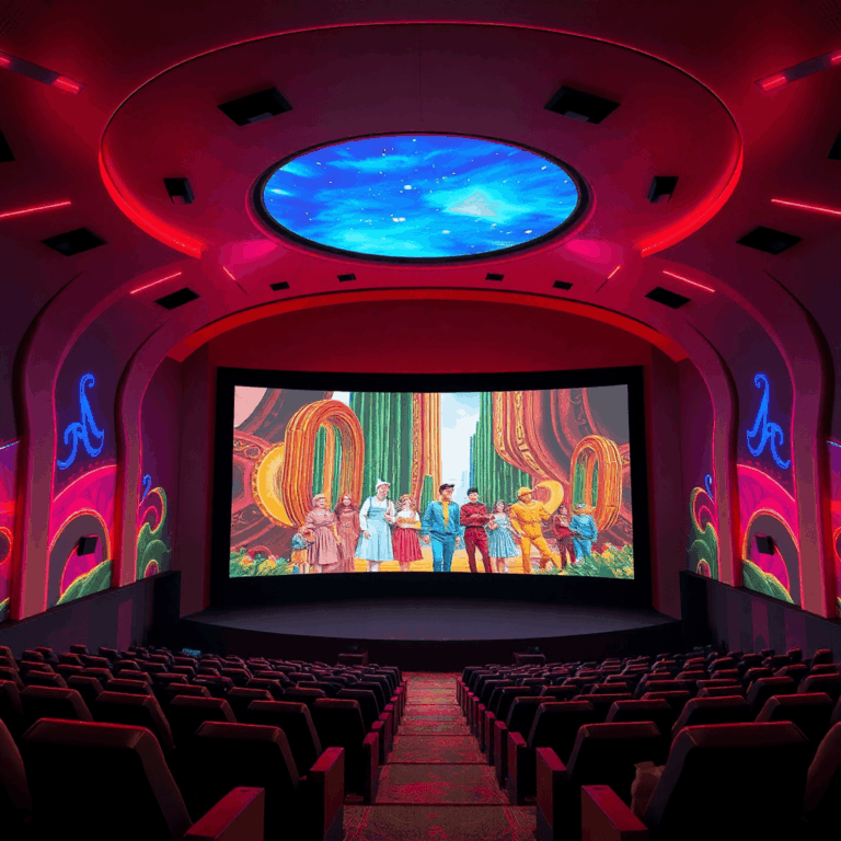 Futuristic movie theater with a large curved screen showing The Wizard of Oz, surrounded by colorful digital effects symbolizing AI enhancements.