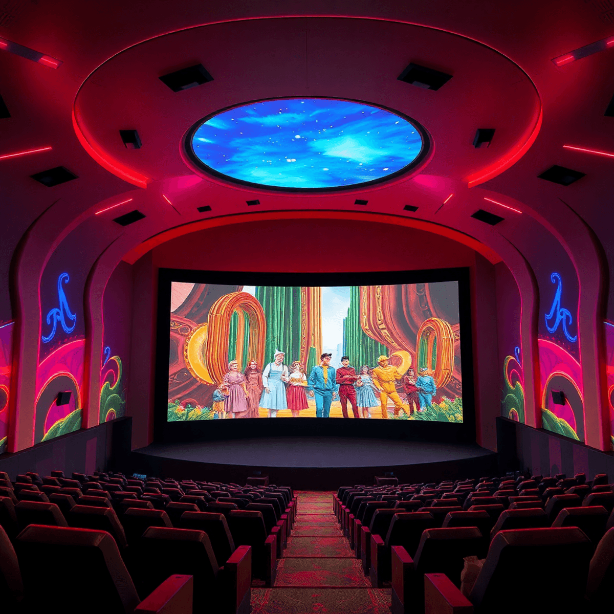 Futuristic movie theater with a large curved screen showing The Wizard of Oz, surrounded by colorful digital effects symbolizing AI enhancements.