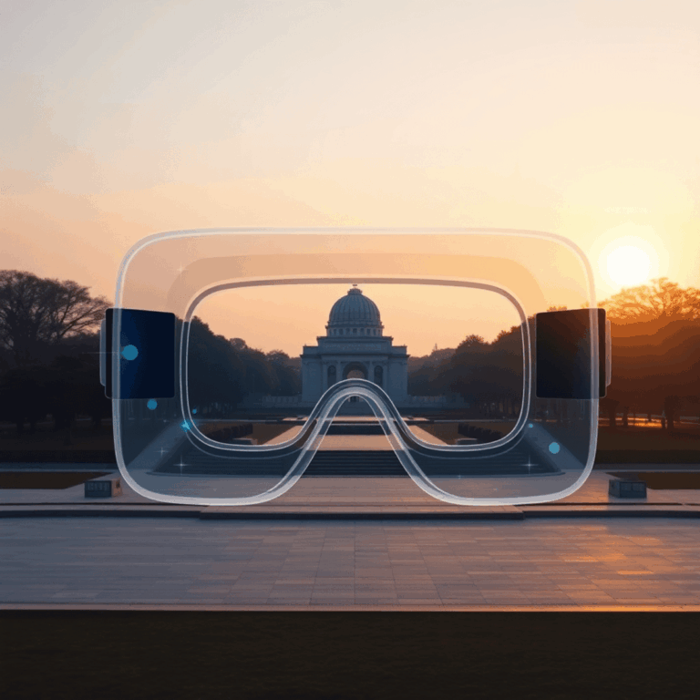 Hiroshima Peace Memorial Park with Atomic Bomb Dome, overlaid by a translucent VR headset and digital elements, against a soft sunrise sky.
