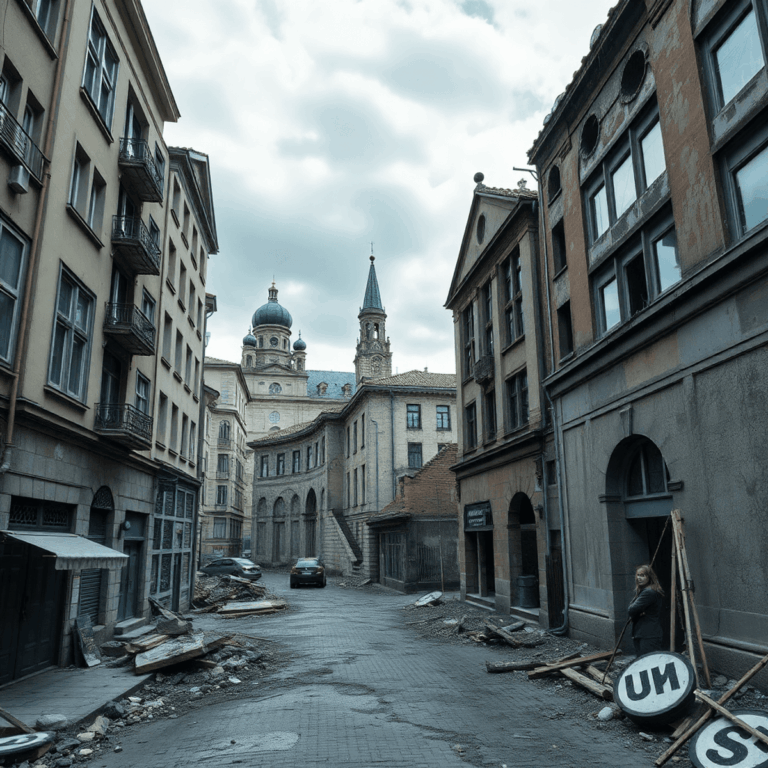 Immersive virtual reality scene of war-torn Ukrainian streets with destroyed buildings and landmarks, showcasing resilience and human impact, in re...