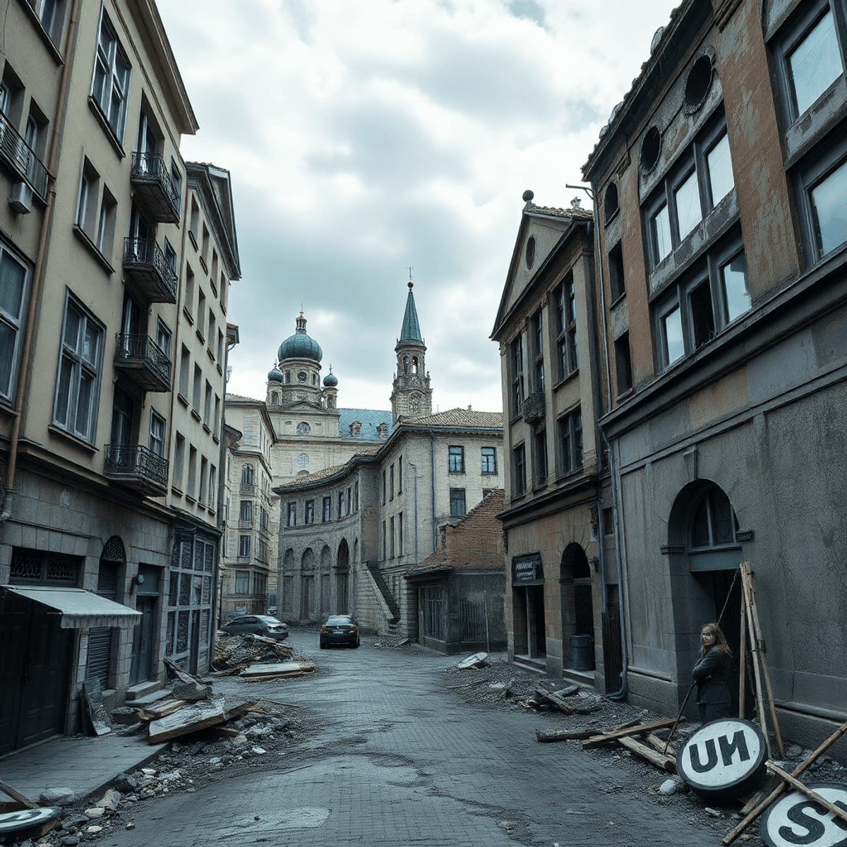 Immersive virtual reality scene of war-torn Ukrainian streets with destroyed buildings and landmarks, showcasing resilience and human impact, in re...