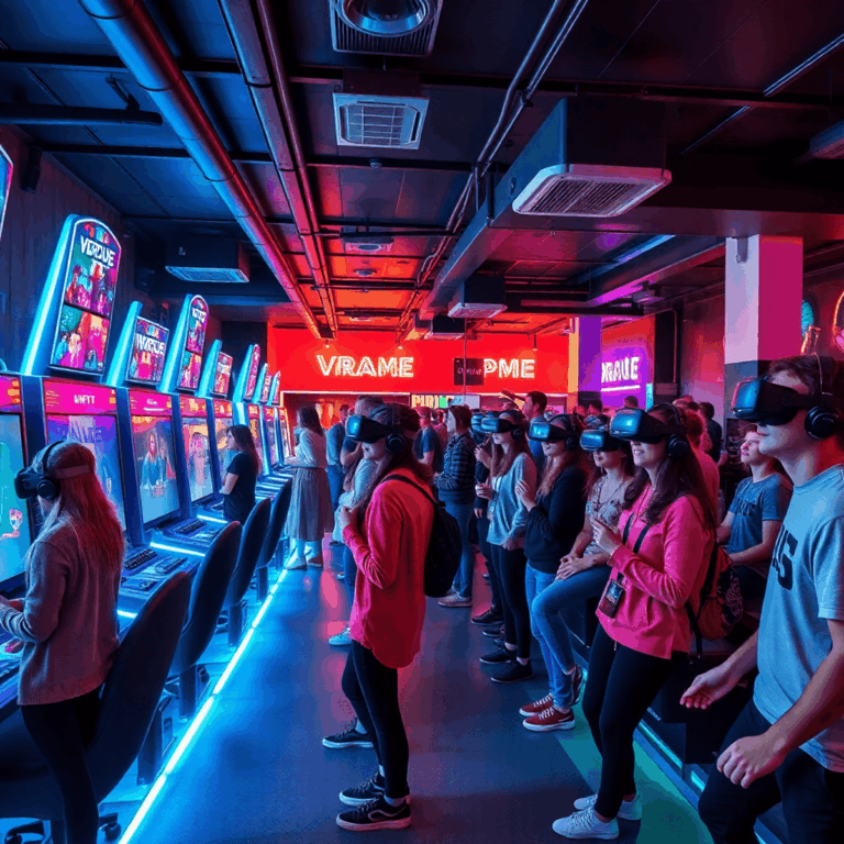 Interior of a vibrant VR arcade with neon lights, futuristic gaming stations, and young adults enjoying immersive virtual reality in a lively commu...