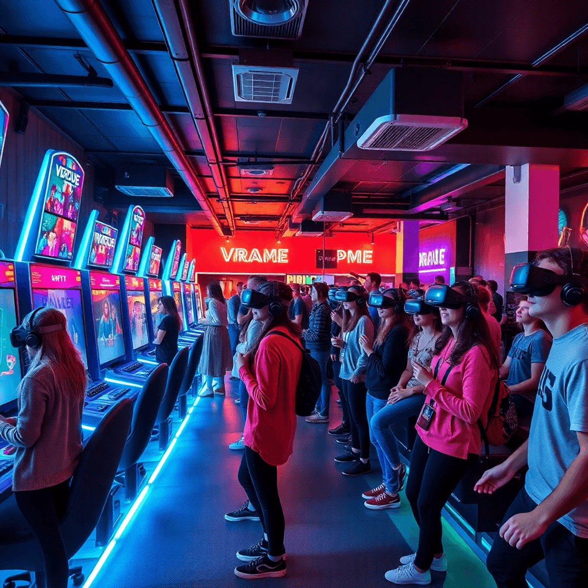 Interior of a vibrant VR arcade with neon lights, futuristic gaming stations, and young adults enjoying immersive virtual reality in a lively commu...