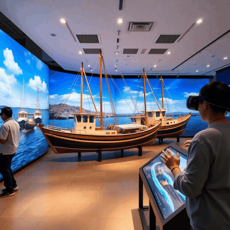 Museum exhibit with 3D VR glasses and interactive screens displaying traditional fishing boats and coastal industry, blending modern tech with cult...