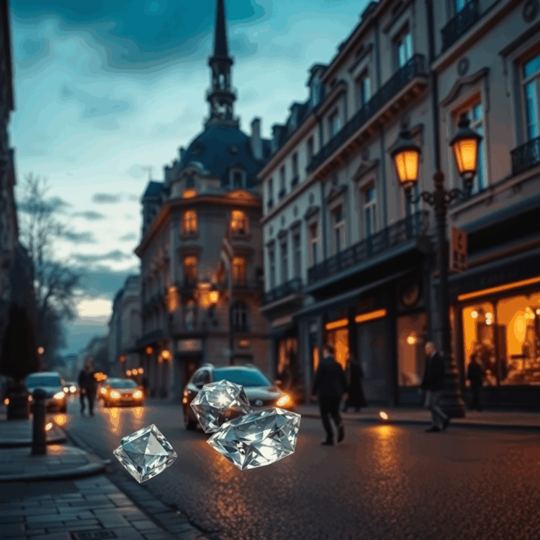 Parisian street at dusk with vintage elegance, glowing diamonds, softly lit historic buildings, and a mysterious, exclusive atmosphere.