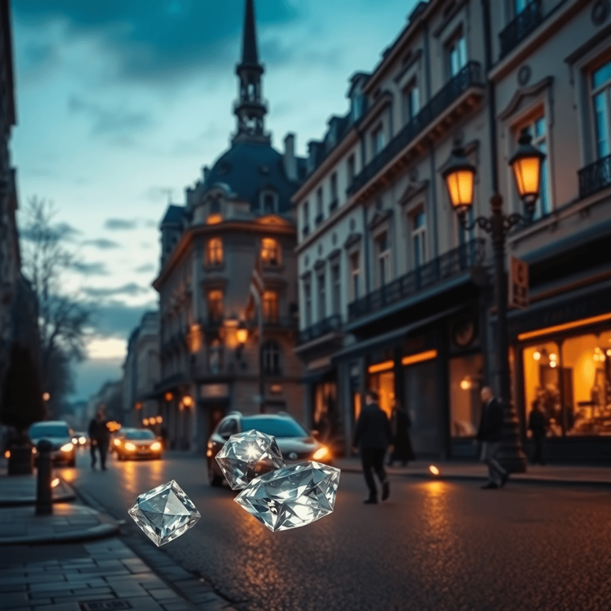Parisian street at dusk with vintage elegance, glowing diamonds, softly lit historic buildings, and a mysterious, exclusive atmosphere.