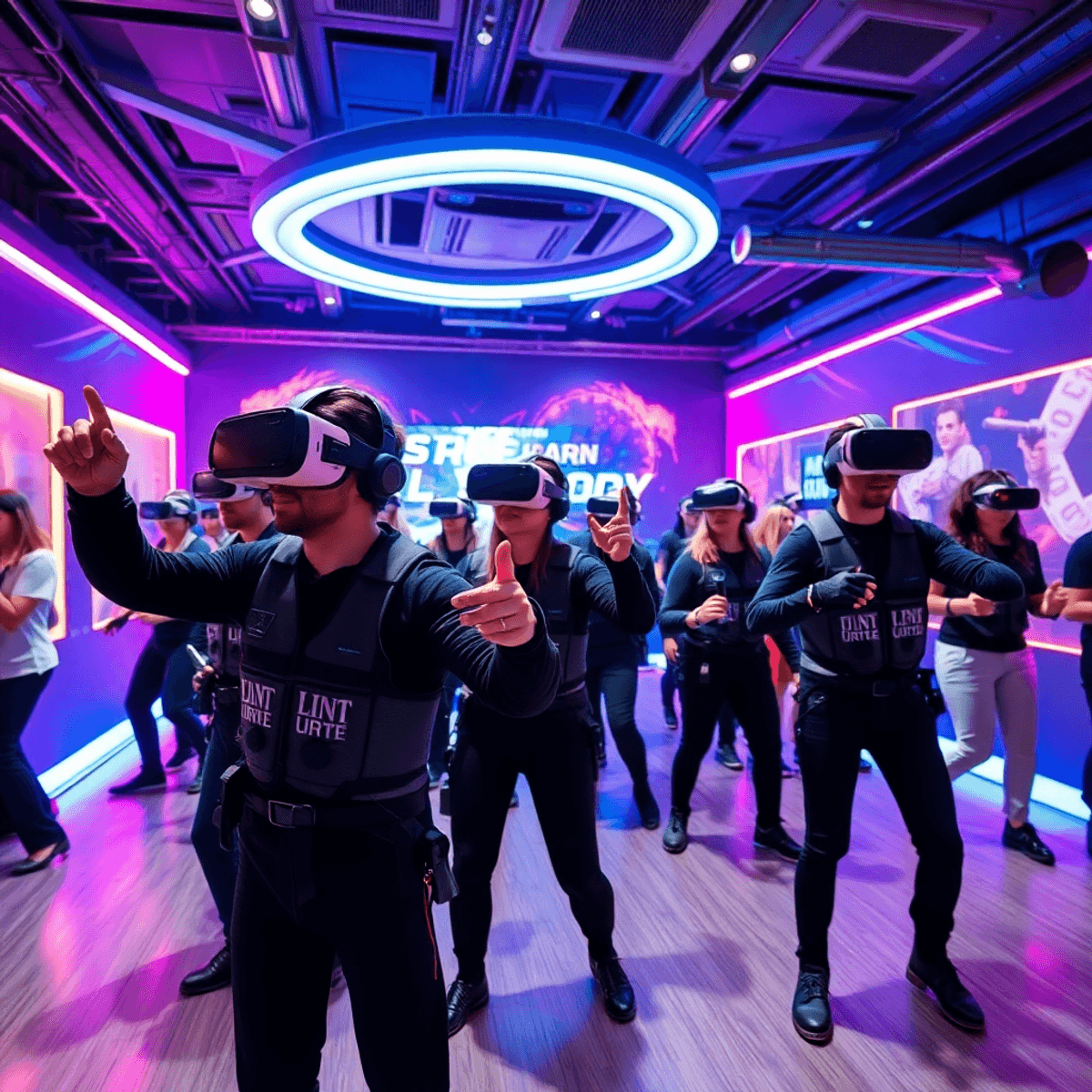 Players in motion tracking suits and haptic vests immersed in a vibrant, futuristic VR gaming room with dynamic virtual reality elements.