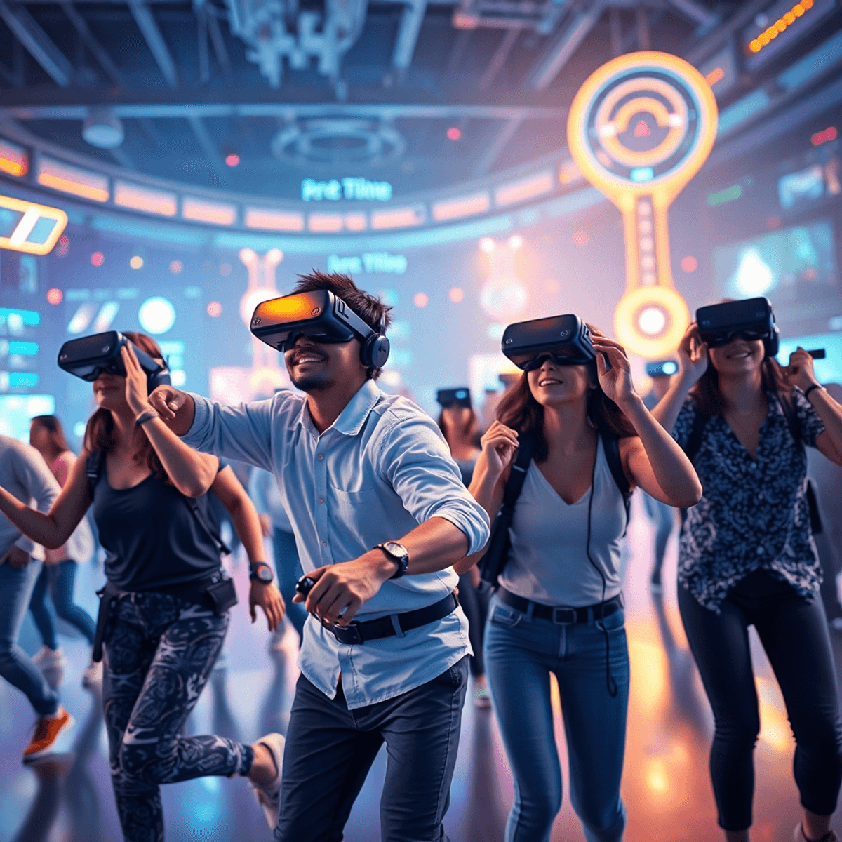 Players wearing VR headsets engage in dynamic movement within a vibrant, glowing futuristic virtual reality arena filled with interactive digital e...